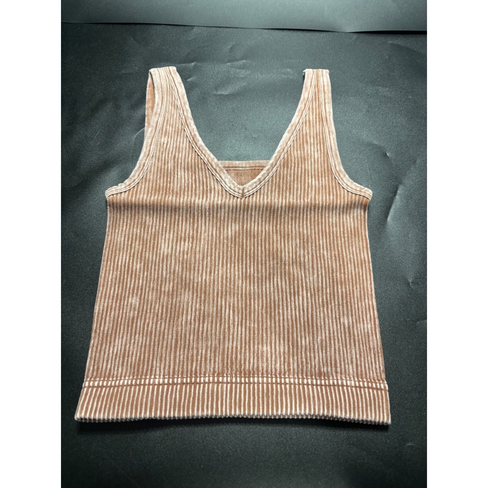 Zenana NEW Seamless‎ Ribbed Mineral Wash V-Neck Cropped Tank Top Tan  Size S/M